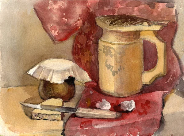 Akvarel Vinobraní Zátiší Dřevěný Pivní Hrnek Březové Kůry Keramický Hliněný — Stock fotografie
