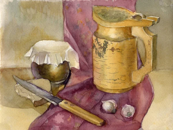 Akvarel Vinobraní Zátiší Dřevěný Pivní Hrnek Březové Kůry Keramický Hliněný — Stock fotografie