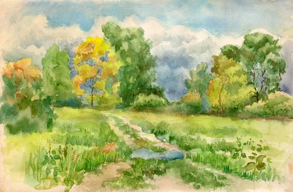 古老的水彩画风景 秋天的草甸 多云的天空 还有水坑 — 图库照片