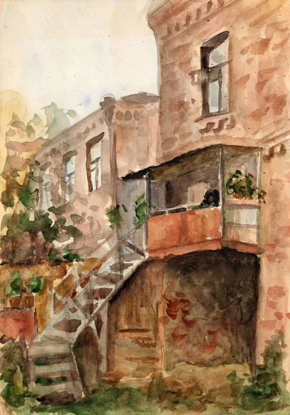 Vintage Watercolor Painted Landscape Old Brick Houses Small Courtyard Ancient — 스톡 사진