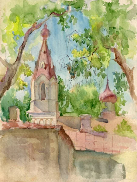 Aquarela Pintada Paisagem Ensolarada Igreja São Nicolau Uma Torre Sineira — Fotografia de Stock