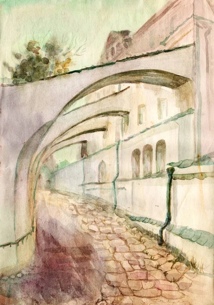 Watercolor Painted Sketch Landscape Pechersk Lavra Kyiv Passage Buildings Arches — Fotografia de Stock