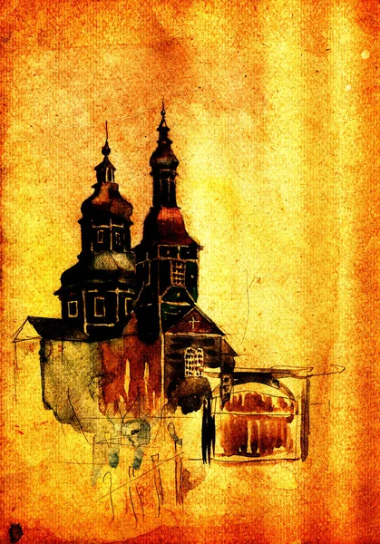 Watercolor Painted Sketch Landscape Old Ukrainian Wooden Church Tradition Folk — Stock Photo, Image