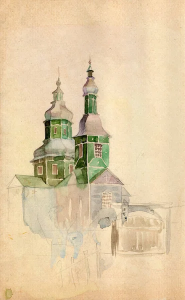 水彩画素描风景 乌克兰古老的木制教堂 漆成绿色 符合民间建筑的传统 — 图库照片