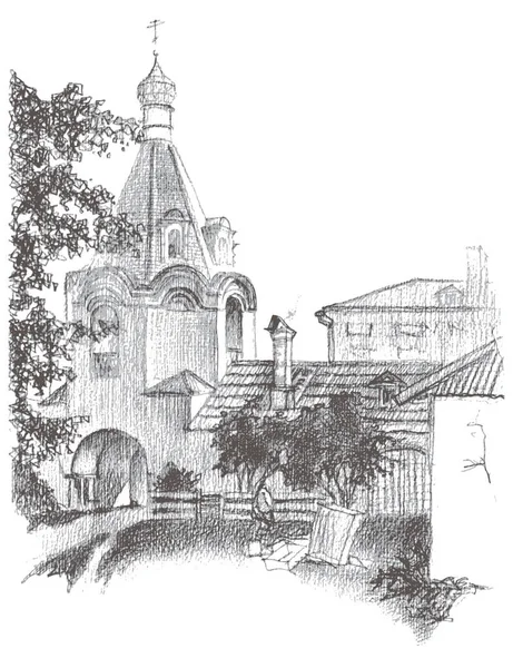 Croquis Paysage Dessiné Main Crayon Vectoriel Avec Ancienne Église Dans — Image vectorielle