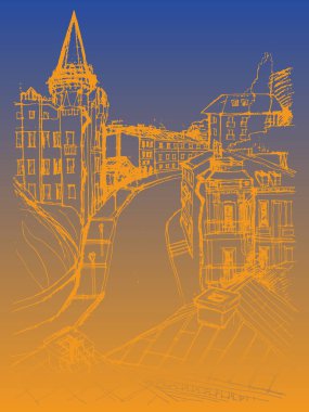 Ukrayna 'nın başkenti Kyiv' de eski bir caddedeki antik bir bina olan mimari şehir manzarasının el çiziminin vektör izi. Mavi ve sarı arkaplana mavi altın karalama 