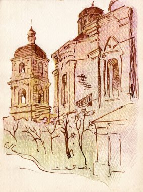 Suluboya kağıdındaki renkli kalemlerle çizilmiş günbatımı manzarası. Chernihiv bölgesindeki eski kilise ve çan kulesi 