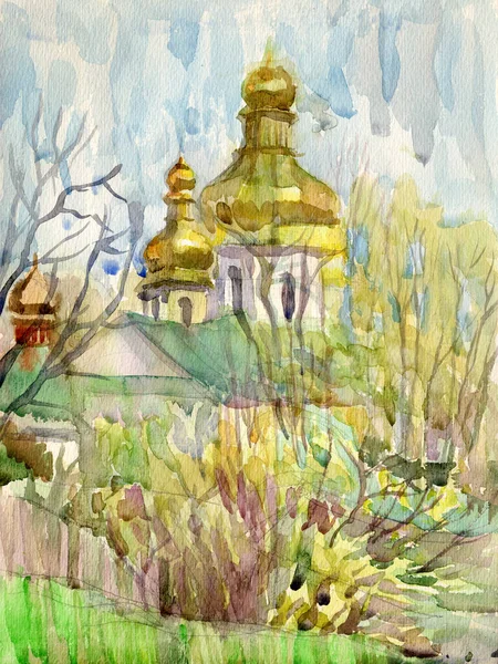 Watercolor Painting Landscape Ancient Church Kyiv Golden Domes Ukrainian Baroque — Fotografia de Stock