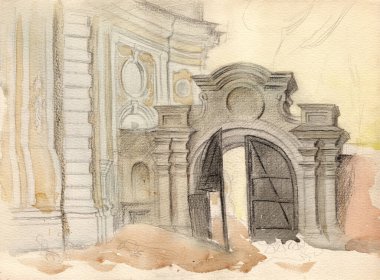 Suluboya kağıdındaki renkli kalemlerle çizilmiş klasik bir manzara. Chernihiv 'deki Trinity Manastırına giriş kapısı.