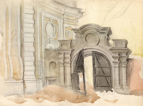 Suluboya kağıdındaki renkli kalemlerle çizilmiş klasik bir manzara. Chernihiv 'deki Trinity Manastırına giriş kapısı.