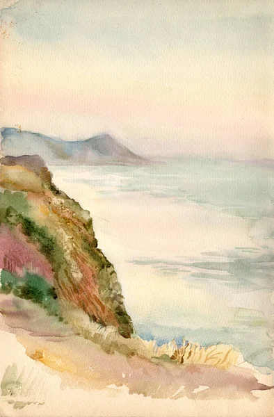 Watercolor Painting Vintage Marina Landscape Cliff Rock Quiet Calm Sea — Fotografia de Stock