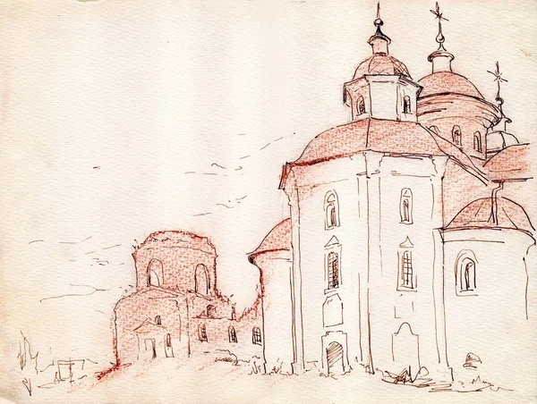 Bir suluboya kağıdına kalem, mürekkep ve kalem çizimi. Chernihiv bölgesindeki Ukrayna Barok katedrali ve kilise kalıntıları 