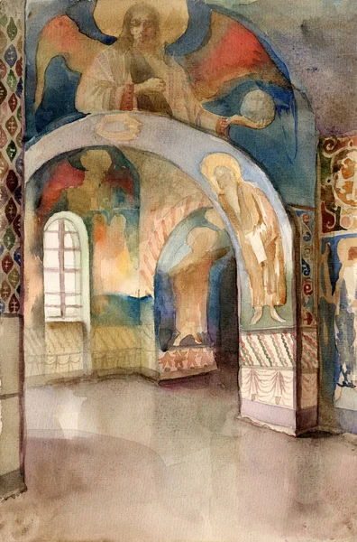 Zabytkowy Obraz Akwarelowy Starożytne Wnętrze Kościoła Cyryla Kijowie — Zdjęcie stockowe