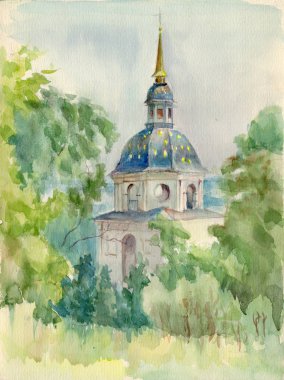 Suluboya güneşli manzarayı boyadı. Botanik bahçesinden Kyiv 'deki manastırın çan kulesine bak.