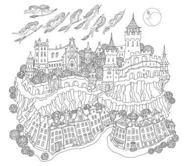 Vector fantezi manzarası, peri masalı küçük kasaba, tepedeki ortaçağ kalesi, Şabat 'a uçan cadılar. Siyah ve Beyaz Yetişkinler Renklendirme Kitabı sayfası 