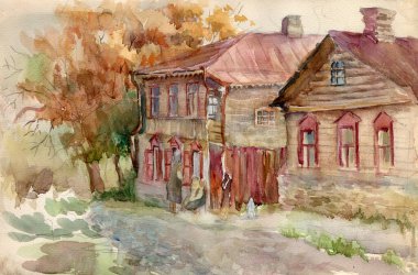 Eski suluboya şehir manzarası. Sonbaharda eski şehir caddesinde eski ahşap evler
