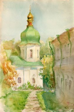 Suluboya, günbatımı manzarası. Kyiv 'deki manastırın kubbesinin manzarası.