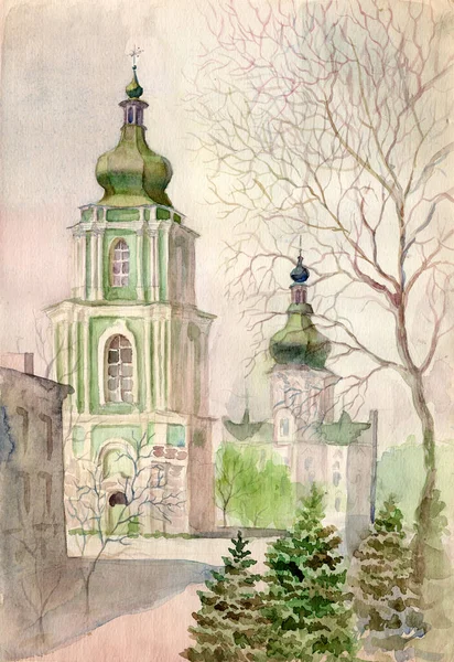 Watercolor Painted Easter Landscape Belfry Monastery Ukrainian Baroque Style Historical — Fotografia de Stock