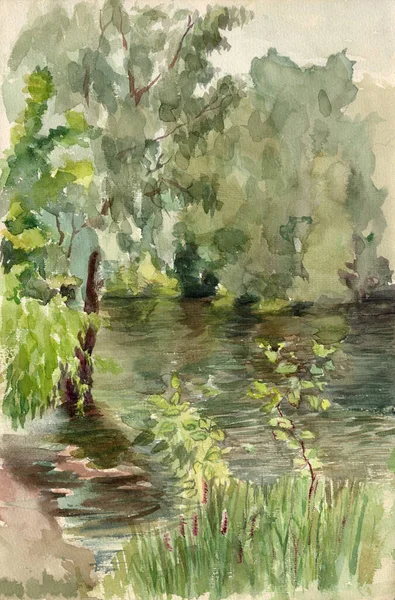 Akvarel Malované Krajiny Malebným Jezerem Staré Stromy Letním Večeru — Stock fotografie