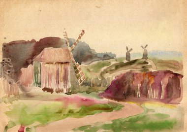 Suluboya boyalı manzara. Tepelerdeki antik ahşap yel değirmenleri, Ukrayna halk mimari geleneği, orman, çayır ve tarlalarda 