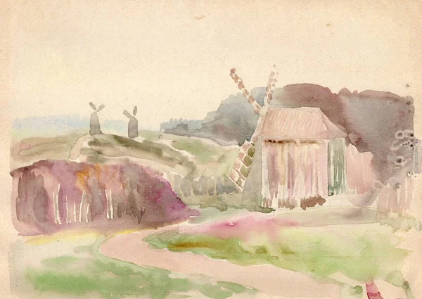 Suluboya boyalı manzara. Tepelerdeki antik ahşap yel değirmenleri, Ukrayna halk mimari geleneği, orman, çayır ve tarlalarda 