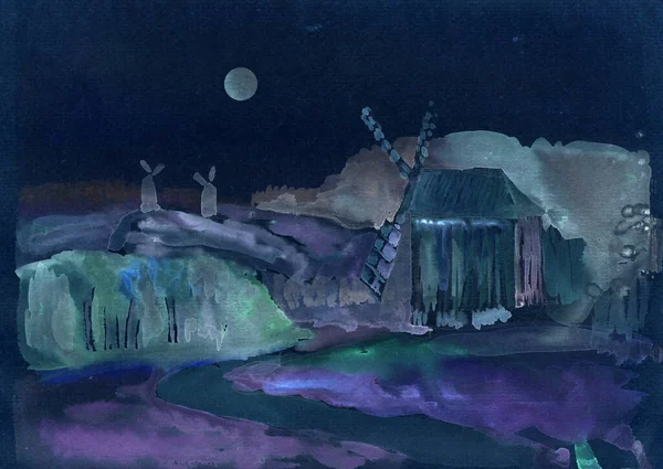 Watercolor painted landscape. Moonlight night in Ukrainian village. Ancient wooden windmills on the hills, in folk architecture tradition, forest, meadow and fields
