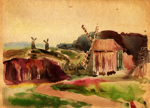 Suluboya boyalı manzara. Tepelerdeki antik ahşap yel değirmenleri, Ukrayna halk mimari geleneği, orman, çayır ve tarlalarda 