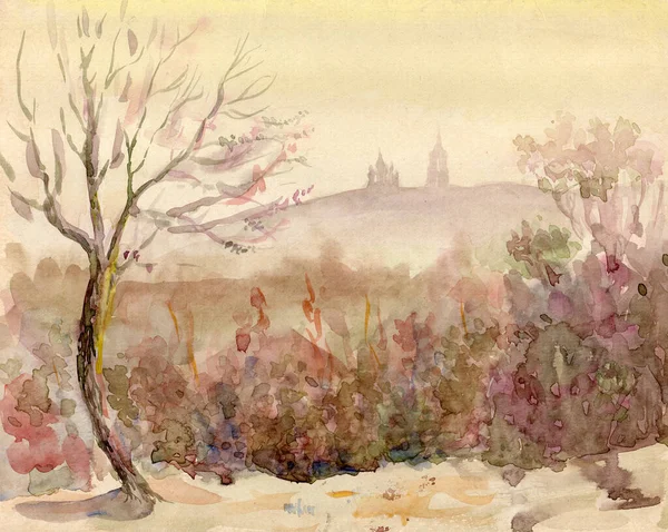 Watercolor painted landscape. anoramic view from the hill to the ancient Monastery in the city of Chernihiv