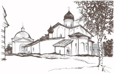Vektör, Pskov kasabasındaki geleneksel Rus mimari tarzıyla antik kiliseyle birlikte mürekkep ve kalem el çizimi yaptı.