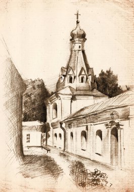 Pencil hand drawn landscape sketch with the church in architectural Russ style with tiered tent roof in Kyiv