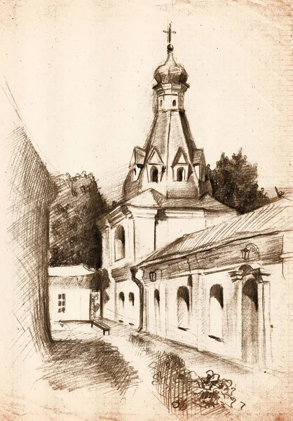 Lápis Desenhado Mão Paisagem Esboço Com Igreja Estilo Russ Arquitetônico — Fotografia de Stock