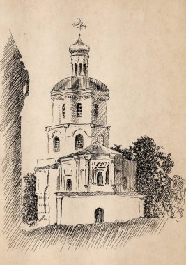 Hand drawn landscape ink and pen sketch of an ancient building of Collegium in Chernihiv, Ukraine
