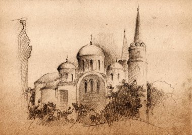 Hand drawn landscape pencil sketch of Cathedral of the Transfiguration medieval building in Chernihiv, Ukraine