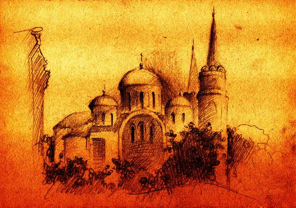 Hand Drawn Sunset Landscape Pencil Sketch Cathedral Transfiguration Medieval Building — Stockfoto