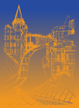 Ukrayna 'nın başkenti Kyiv' de eski bir caddedeki antik bir bina olan mimari şehir manzarasının el çiziminin vektör izi. Mavi ve sarı arkaplana mavi altın karalama 