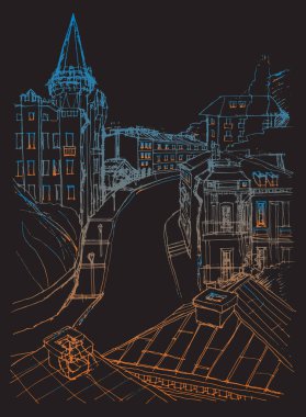 Mimari şehir siluetinin, Ukrayna 'nın başkenti Kyiv' deki eski sokaktaki antik binaların el çizimi vektör izi. Siyah arkaplana mavi altın karalama 