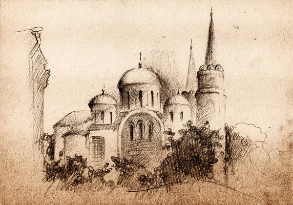 Hand Drawn Landscape Pencil Sketch Cathedral Transfiguration Medieval Building Chernihiv — стоковое фото