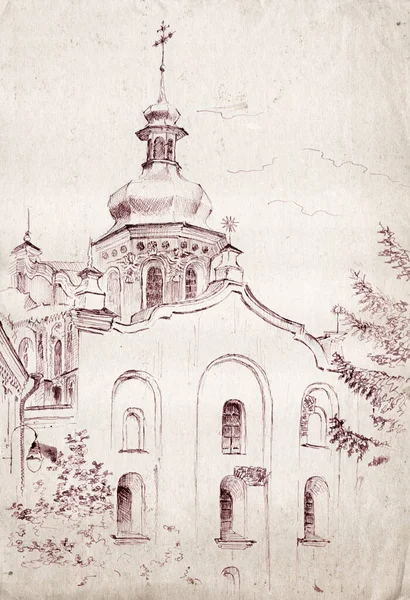 Hand Drawn Ink Pen Sketch Landscape Church Ukrainian Baroque Style — стоковое фото