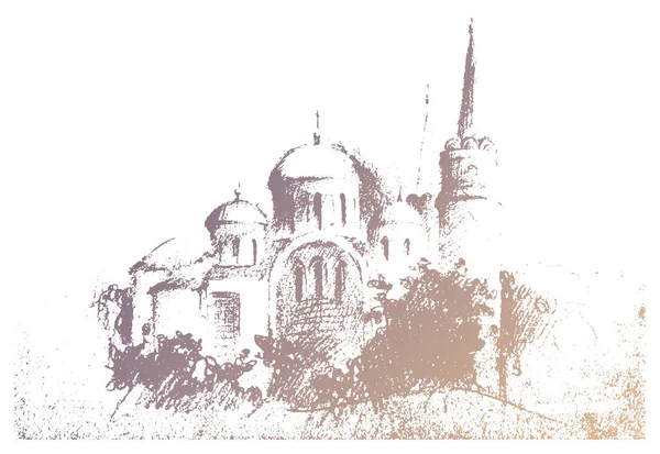 Vector Traced Hand Drawn Landscape Pencil Sketch Cathedral Transfiguration Medieval — Stock vektor