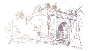 Vector traced hand drawn vintage landscape ink and pen sketch. Ancient remains and ruins of the Genoese fortress in the city of Anapa, Russia