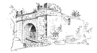 Vektör çizilmiş el çizimi, kaliteli peyzaj mürekkebi ve kalem çizimi. Rusya 'nın Anapa kentindeki Ceneviz kalesinin kalıntıları ve kalıntıları.