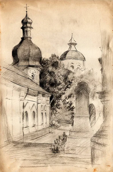 Iglesia Refectoria Del Monasterio Ciudad Kiev Dibujo Dibujado Mano Lápiz —  Fotos de Stock