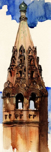 Colored Ink Pen Landscape Sketch Fragment Brick Bell Tower Ancient — Fotografie, imagine de stoc
