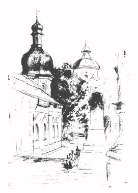 Kyiv şehrindeki manastırın soğutucu kilisesi. Vektör çizilmiş el çizimi kalem çizimi manzarası 