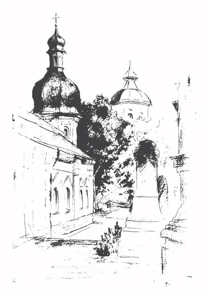 基辅市该修道院的非宗教教堂 矢量笔画素描景观 — 图库矢量图片