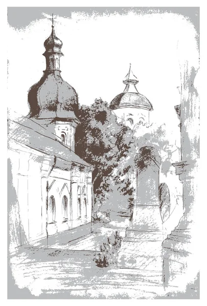 Iglesia Refectoria Del Monasterio Ciudad Kiev Vector Trazado Mano Dibujado — Vector de stock