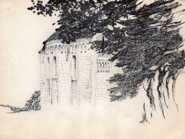 Vintage ink and pen landscape sketch, view of the Dmitrovsky Cathedral apses in the city of Vladimir through the branches of trees