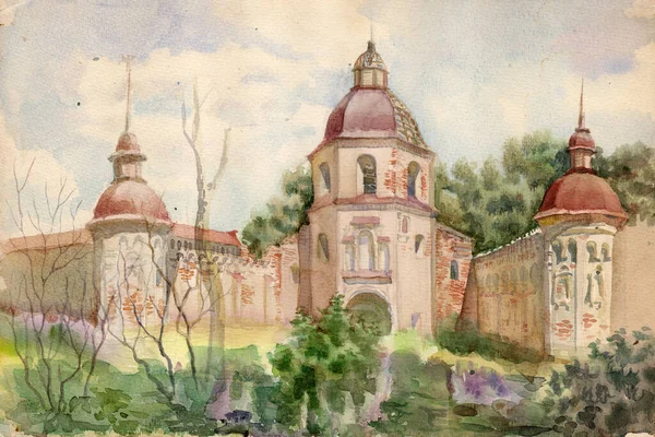 水彩画风景 切尔尼赫夫地区一座有塔楼 钟塔和入口大门的古寺围墙 — 图库照片