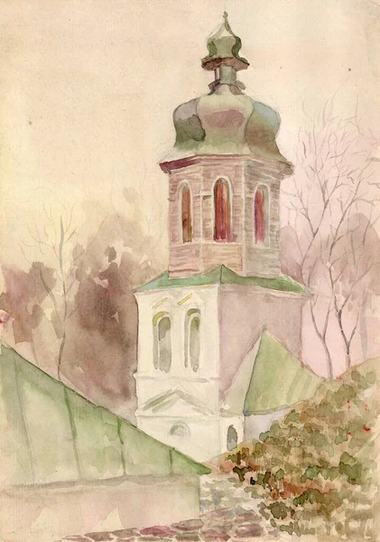 Watercolor Painted Early Spring Landscape Ancient Chapel Church Chernihiv — Stockfoto