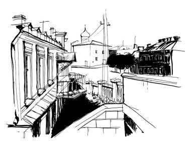 İzlenmiş vektör mürekkebi ve kalem el çizimi. Siyah beyaz şehir manzarası, antik kilise, Pskov sokağı